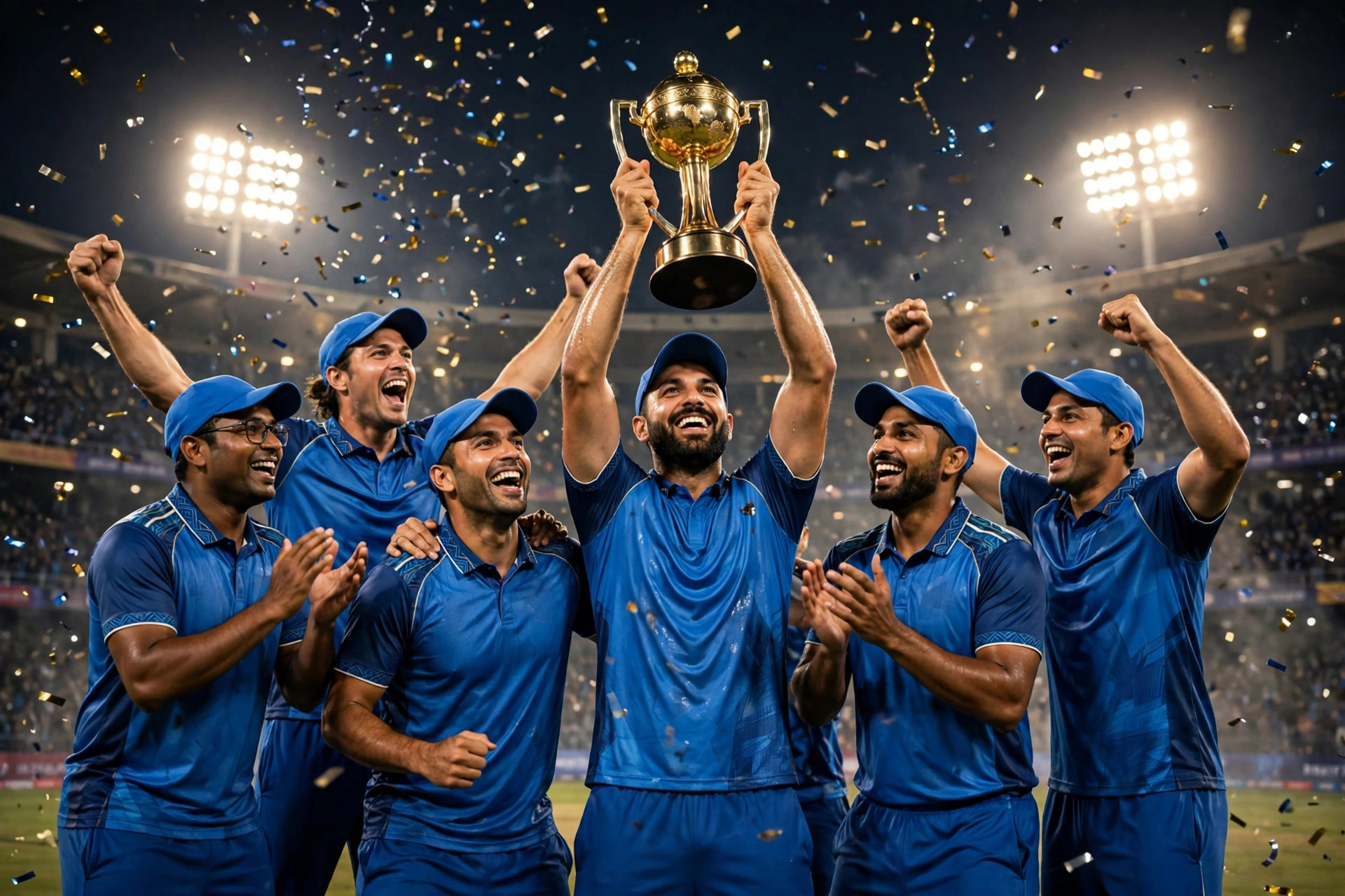 A cricket team in blue jerseys celebrating with a trophy under stadium lights at night, confetti in the air