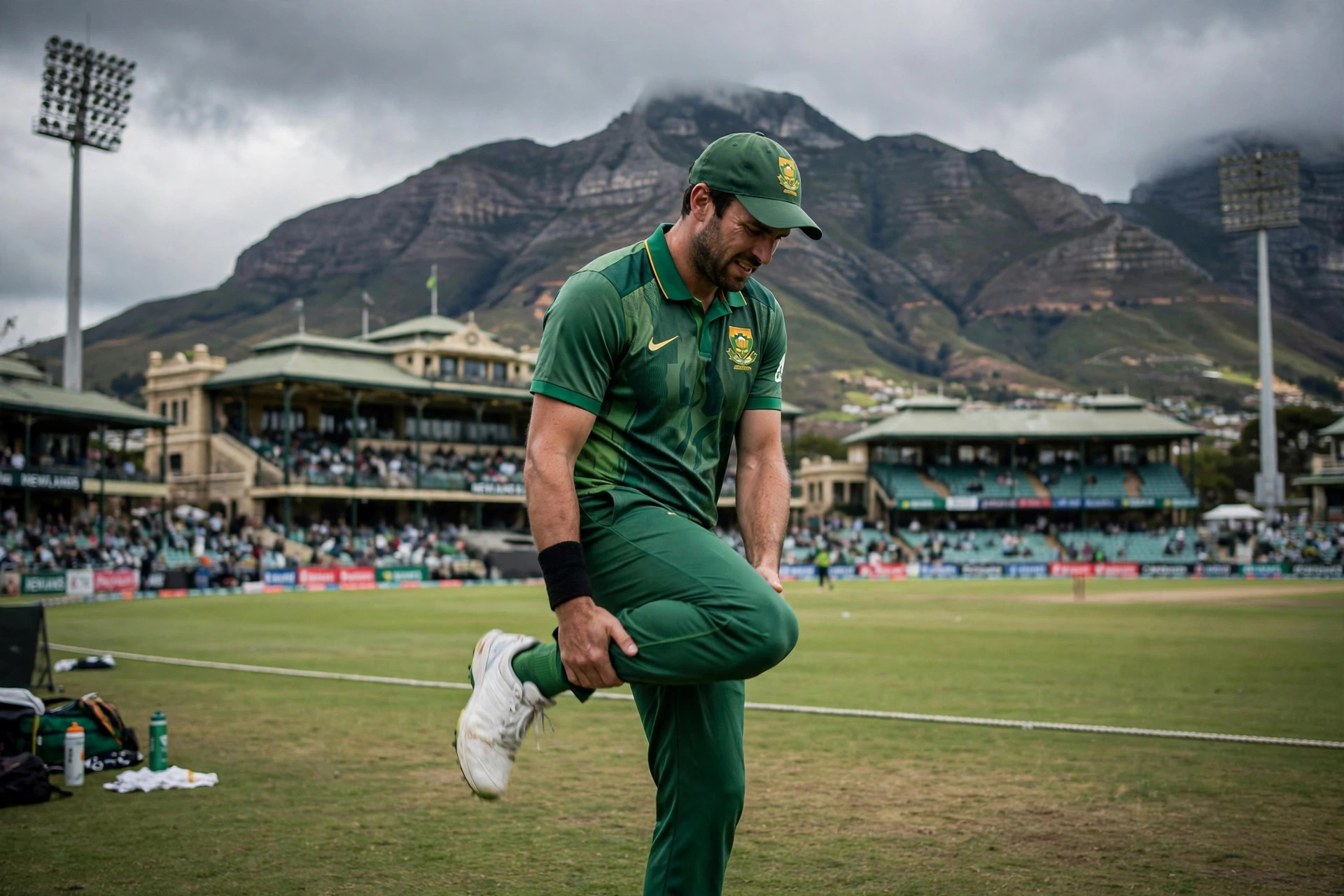 A fast bowler in a green jersey walking off the field with Table Mountain and a Cape Town cricket stadium in the background