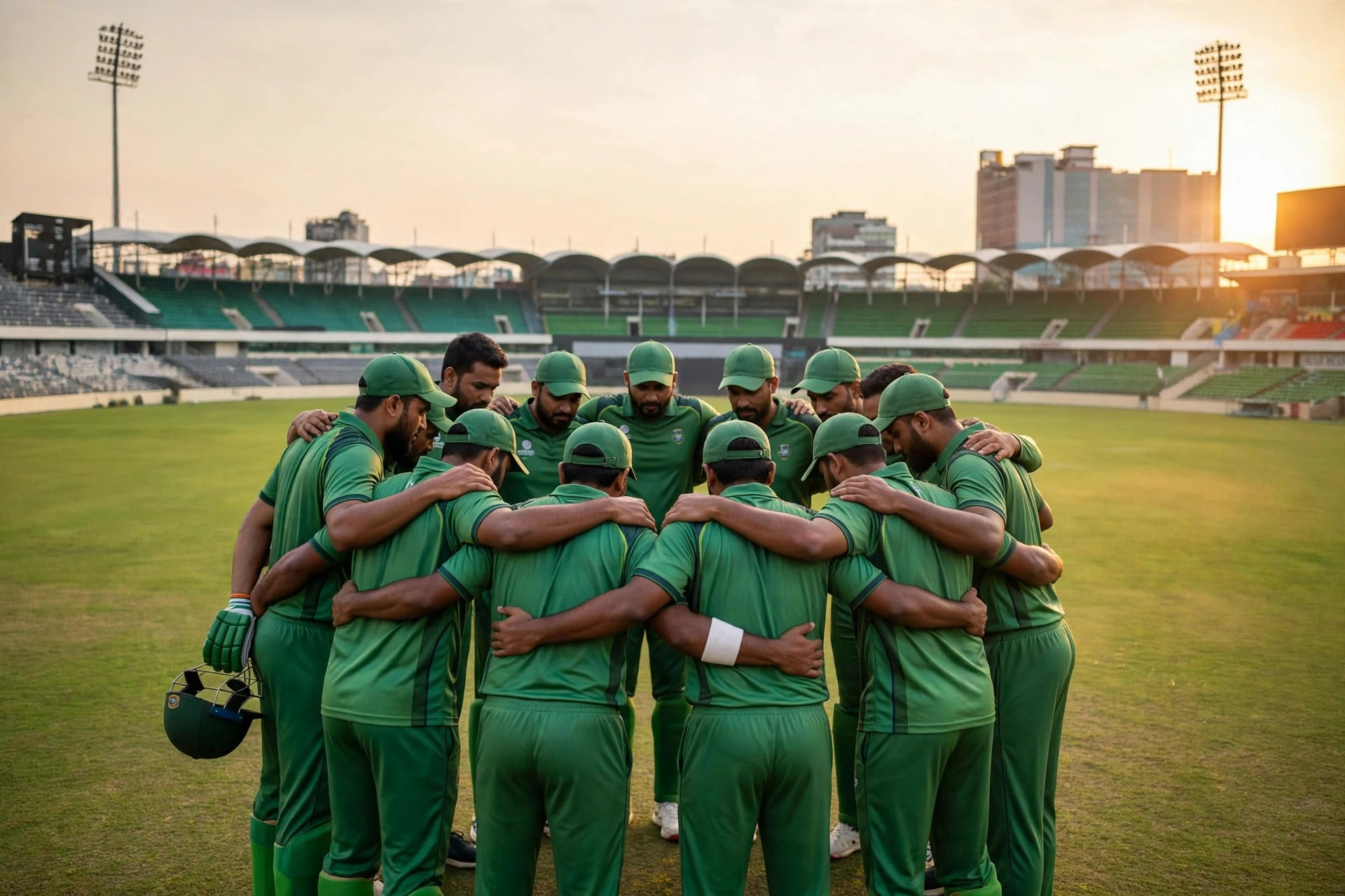 A cricket team huddle on a green outfield in Dhaka at golden hour, players in green jerseys