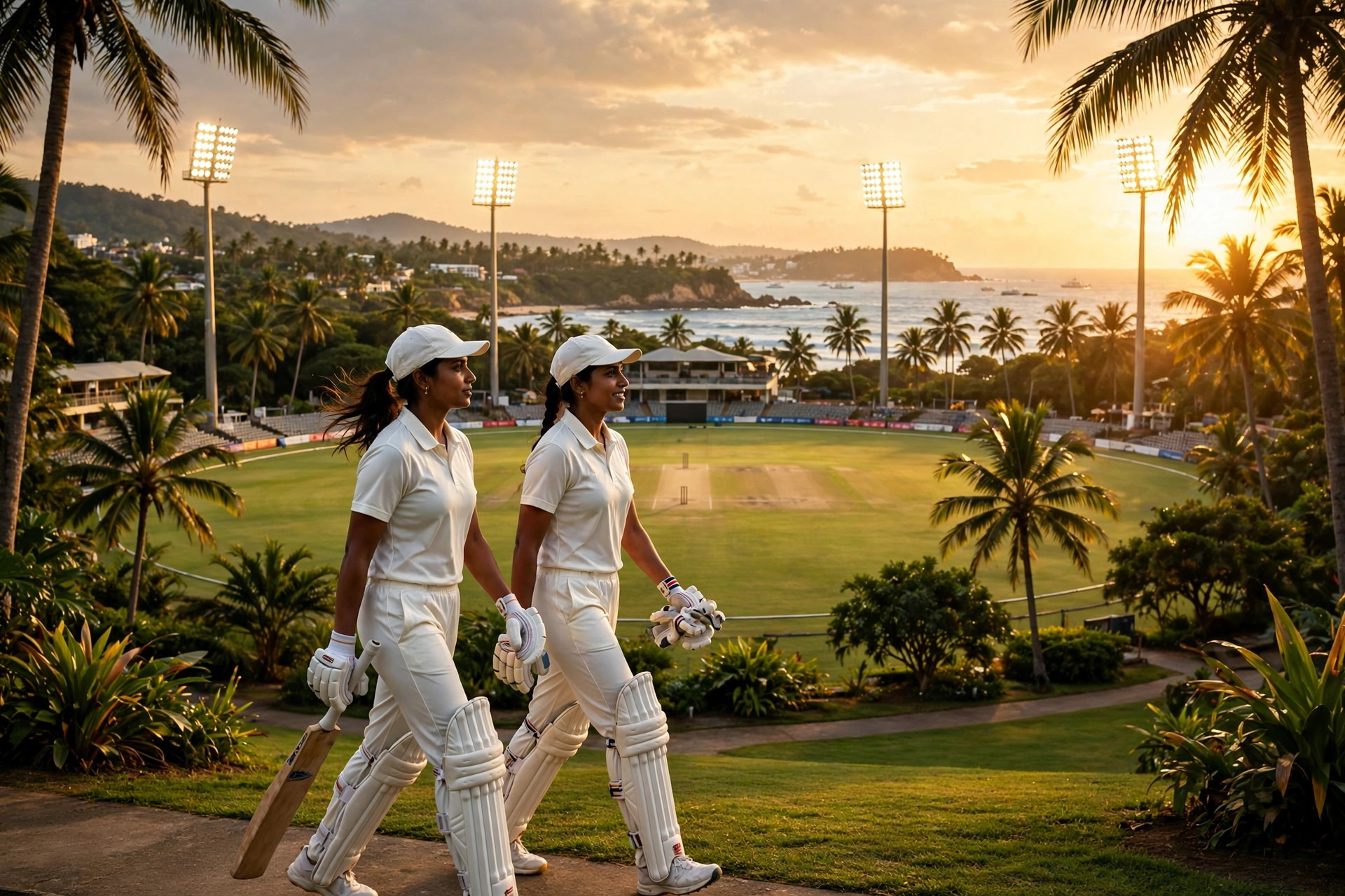 Women's cricketers walking out at a floodlit tropical Sri Lankan stadium at golden hour