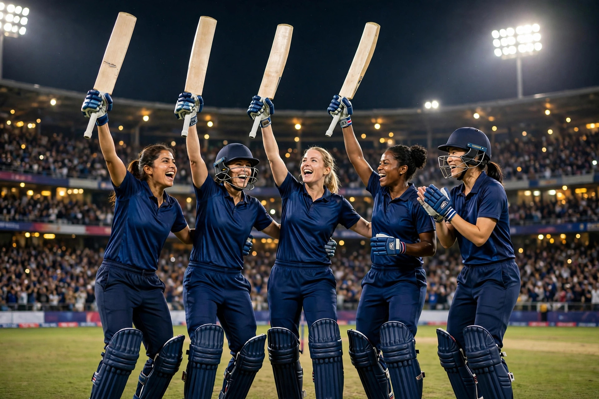 India women's cricketers in blue celebrating a series-clinching victory under floodlights