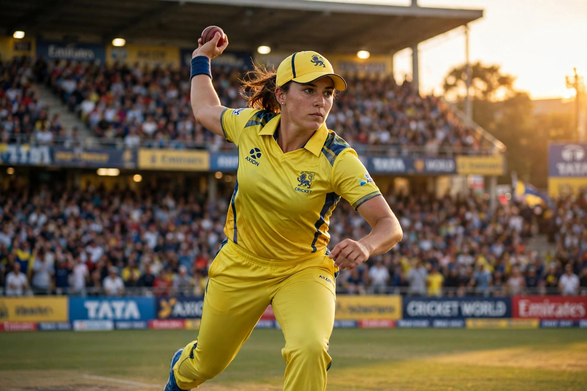 Australia women's fast bowler in action at a packed stadium