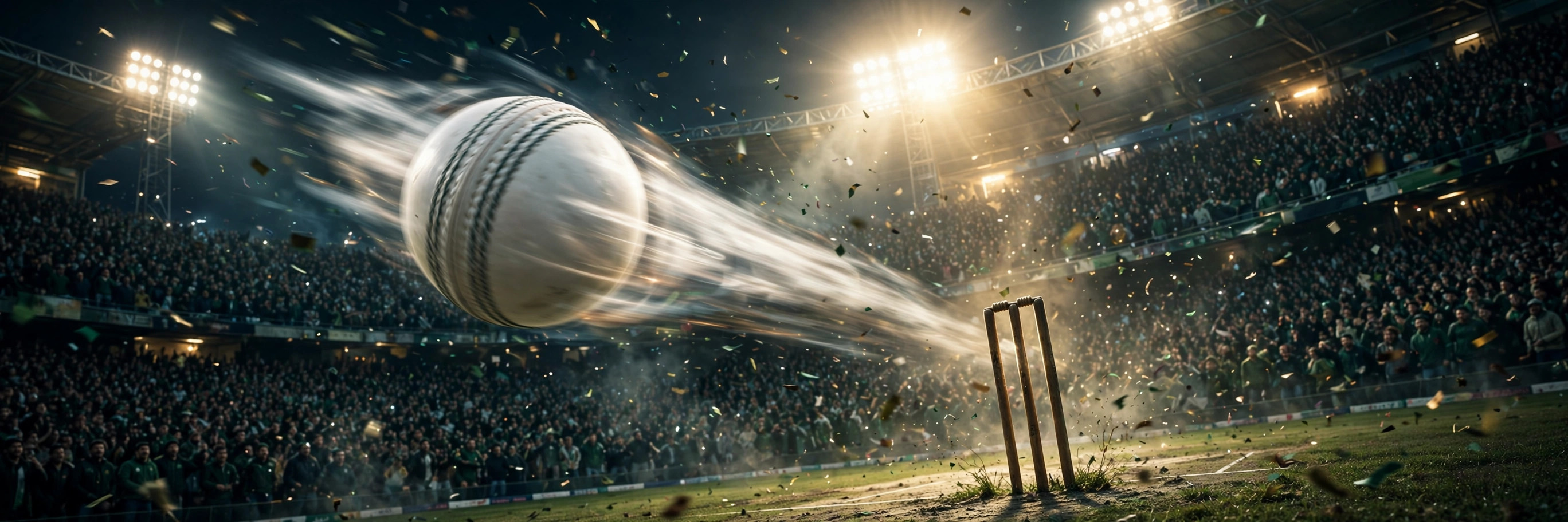 Night ODI scene in Rawalpindi — a spinning ball beats the bat as stumps shatter under floodlights