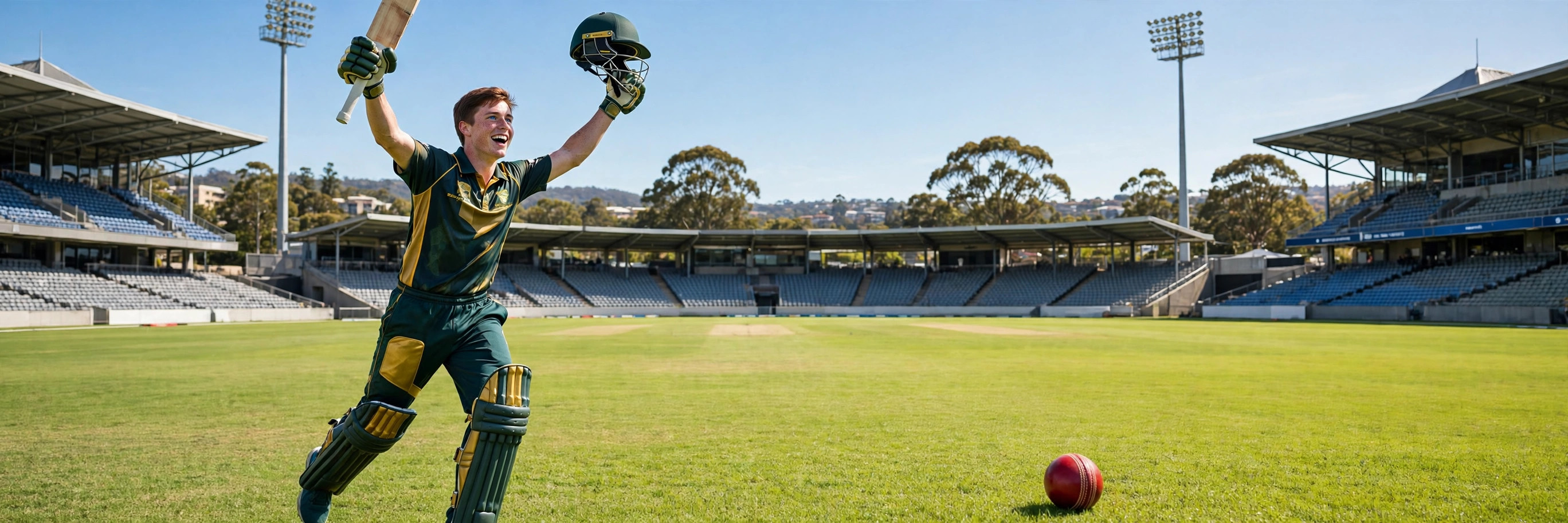 A young batsman raising his bat to celebrate a century on a sunlit Australian cricket ground