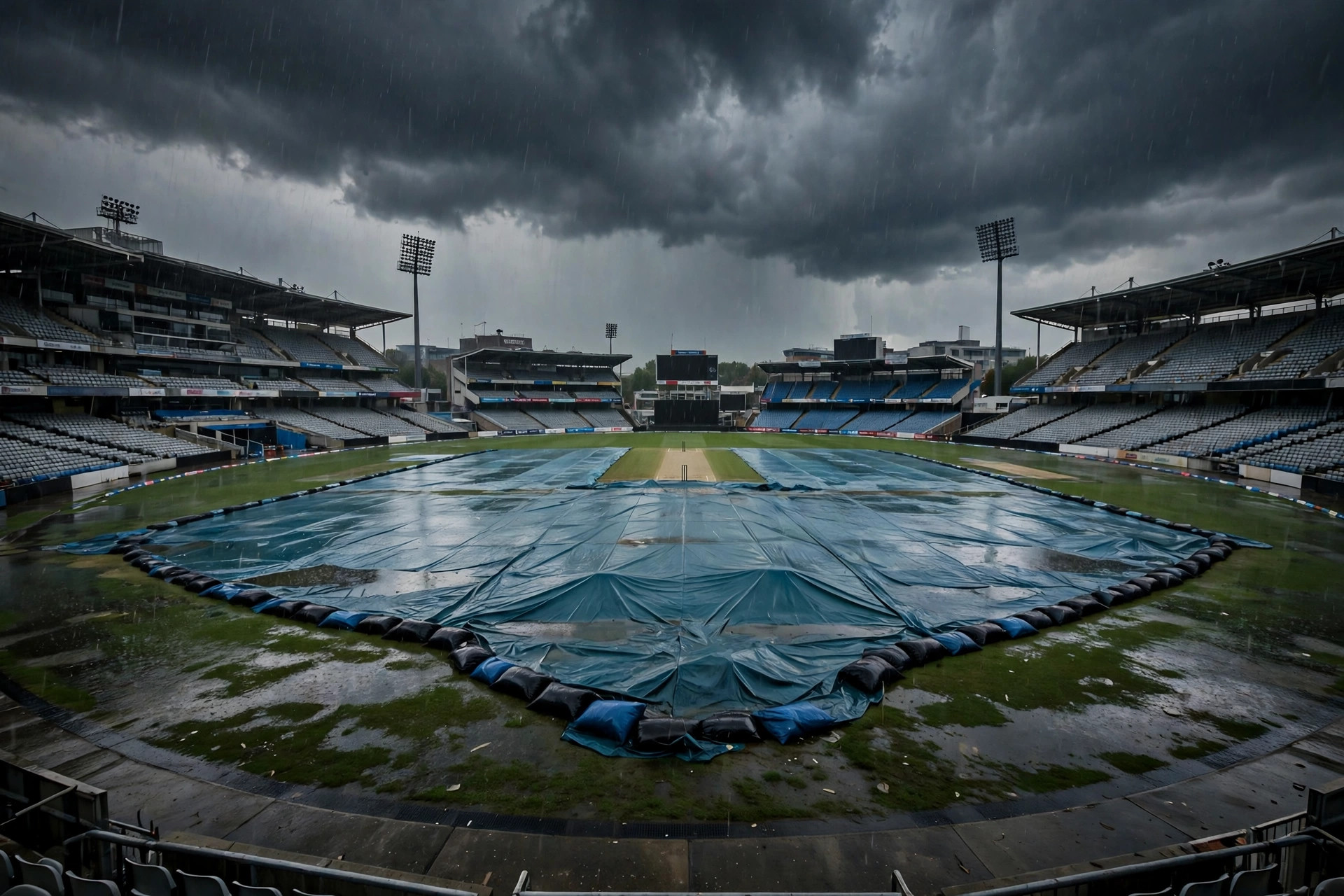 Rain covers on the pitch at Gqeberha under storm clouds on the final day of the 2nd Test