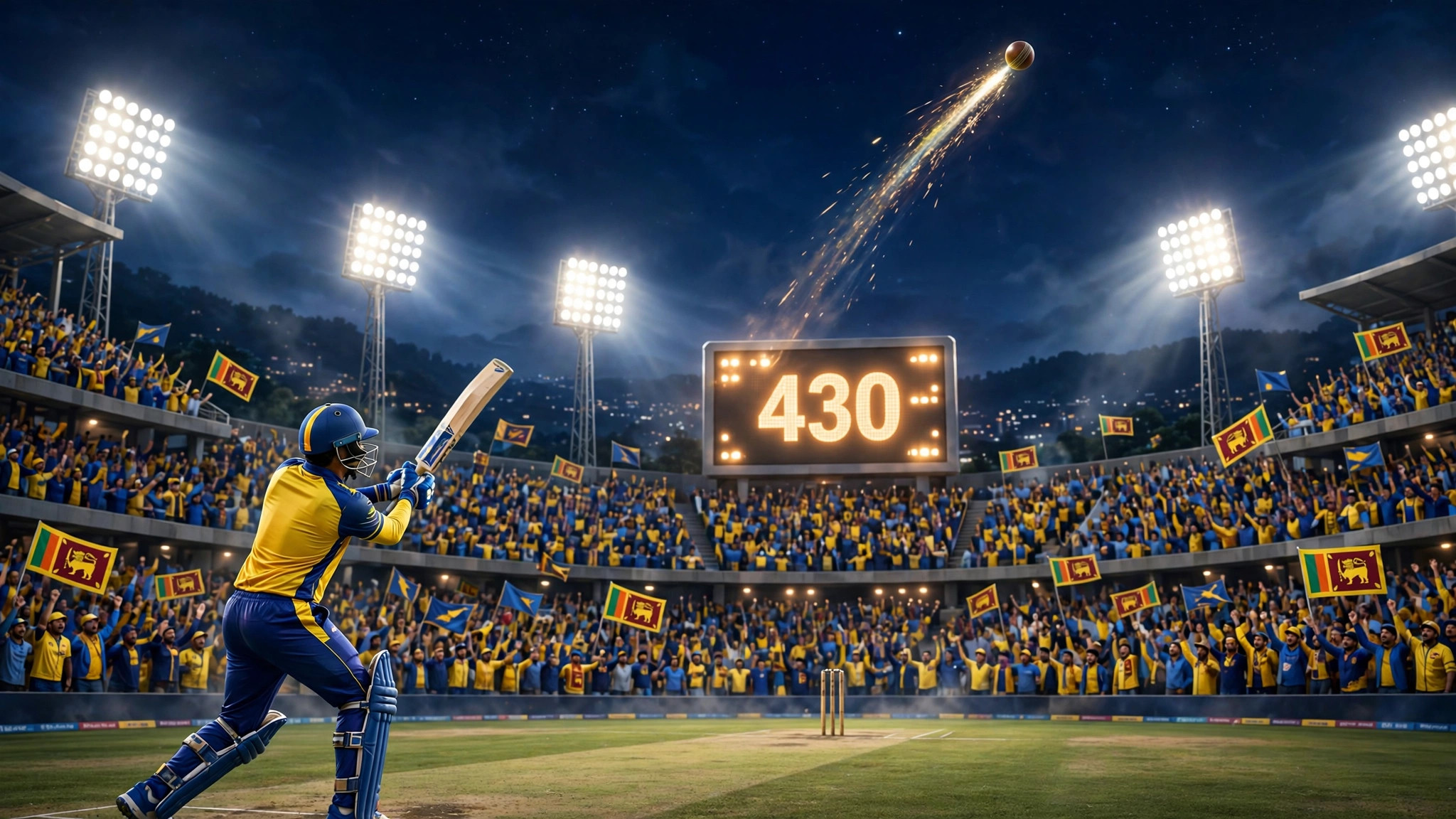 Rawalpindi at night — Sri Lanka chase down 430 to beat England despite Harry Brook's record 202 in the ODI tri-series