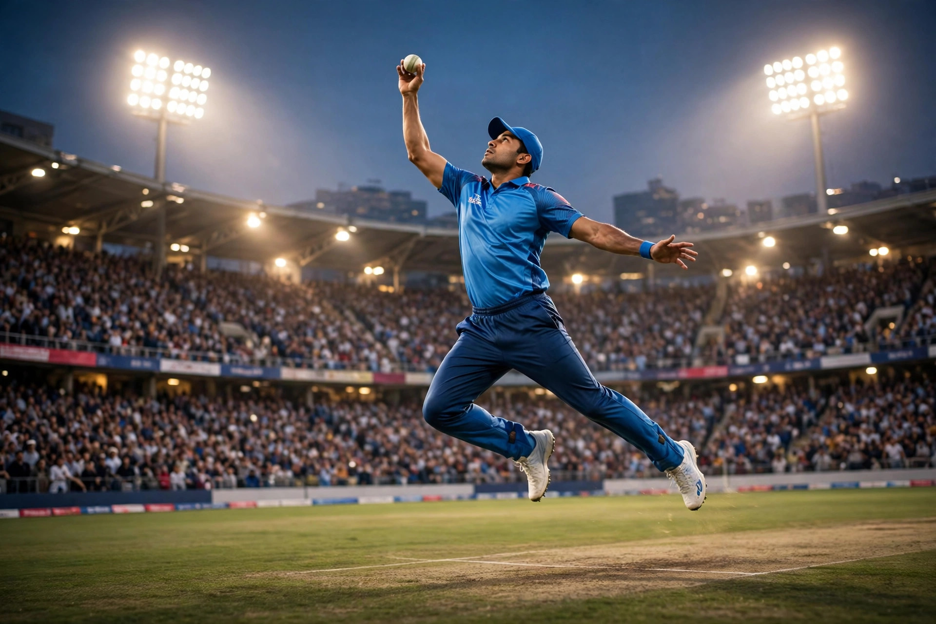 A fielder in a blue jersey taking a high catch at cover under floodlights in a packed stadium at dusk